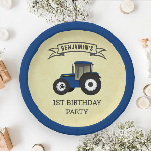 Blue Farm Tractor Kids Birthday Party Paper Plate