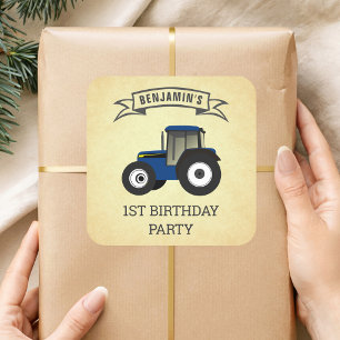 Blue Farm Tractor Kids Birthday Party Square Sticker