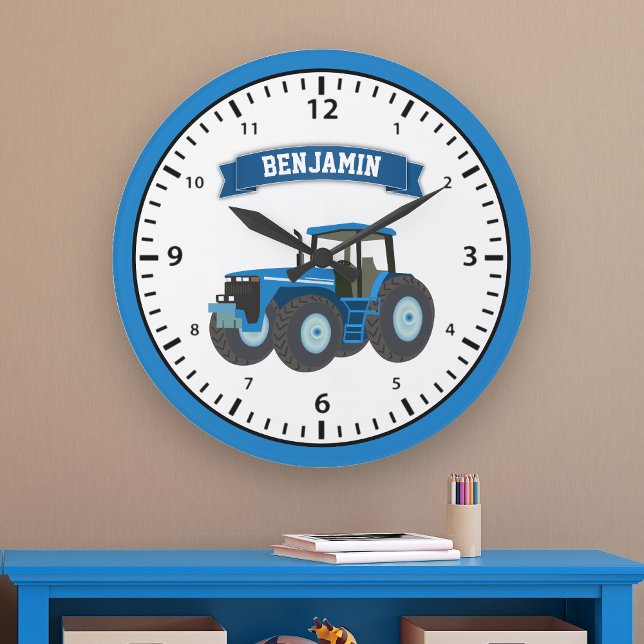 Blue Farm Tractor Personalized Name Kids Room Large Clock (Creator Uploaded)