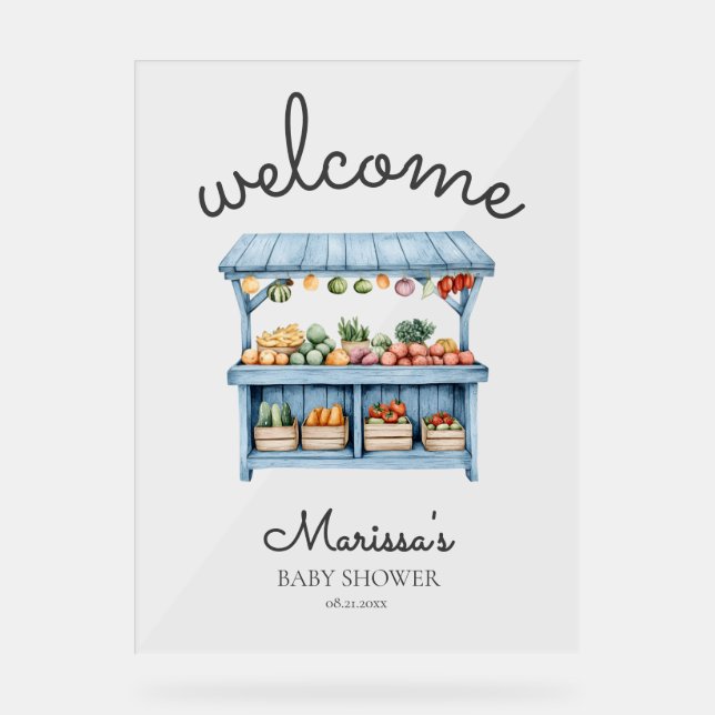 Blue Farmers Market Baby Shower Welcome Acrylic Sign (Front)