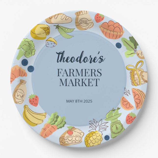 Blue Farmers Market Birthday Fruit & Vegetables Paper Plate (Front)