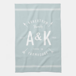 Blue Farmhouse Arrow Monogram Editable Colours Tea Towel