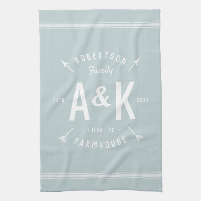 Blue Farmhouse Arrow Monogram | Editable Colours Tea Towel (Vertical)