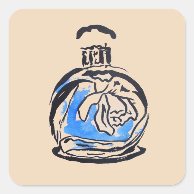 Blue fashion illustration perfume bottle square sticker (Front)