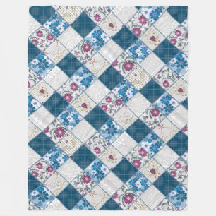 Blue fashionable rustic pattern of fabric scraps fleece blanket