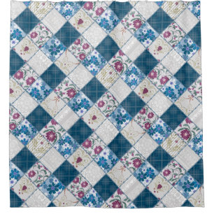 Blue fashionable rustic pattern of fabric scraps shower curtain