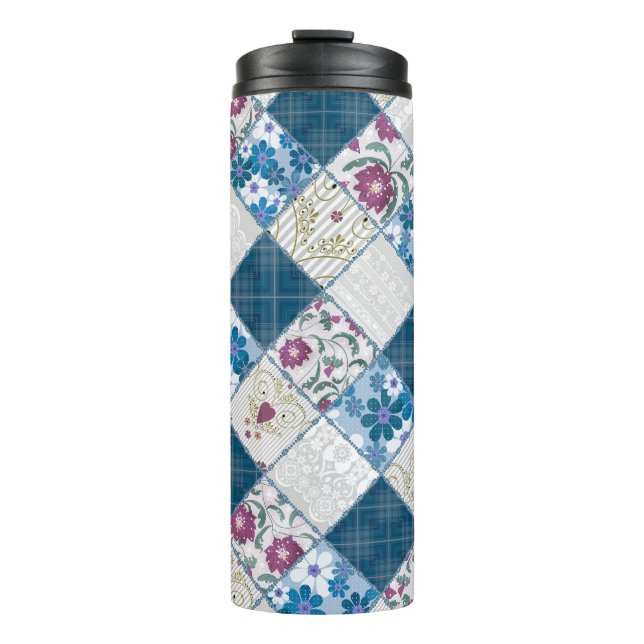Blue fashionable rustic pattern of fabric scraps thermal tumbler (Front)