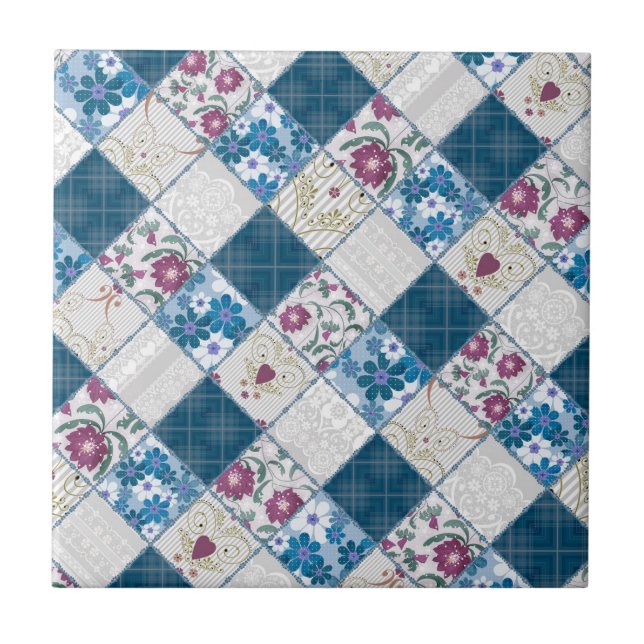 Blue fashionable rustic pattern of fabric scraps tile (Front)