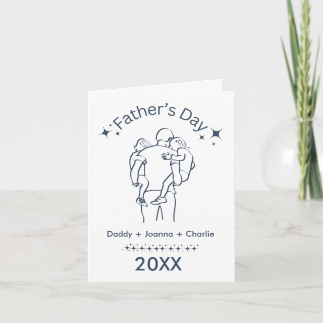 Blue Father's day 2 children with Dad  Card (Front)