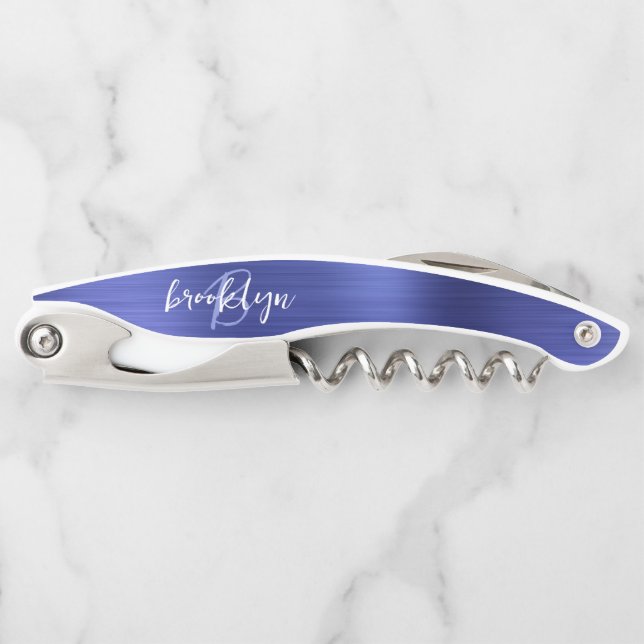 Blue Faux Brushed Metal Monogram Script Corkscrew (Front)