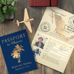 Blue Faux Foil Cancun Mexico Birthday Passport Invitation<br><div class="desc">Blue Faux Foil Cancun Mexico Birthday Passport Invitation. Have fun with your Birthday Destination Party Invitation! Palm Trees, map of Mexico map and fun Passport Stamps in colours of Dark Blue and faux Gold foil elements. If you want a certain place or colour scheme please email paula@labellarue.com BEFORE YOU CUSTOMIZE...</div>