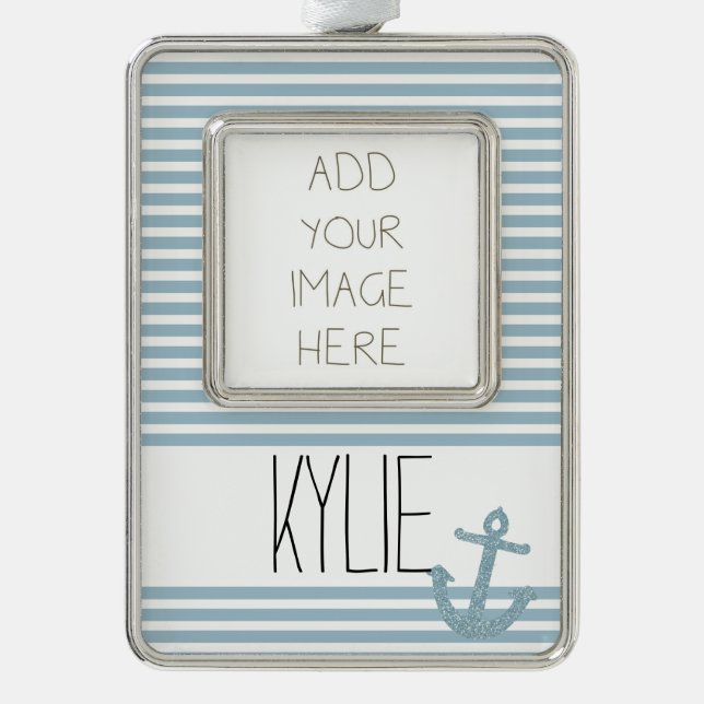 Blue Faux Glitter Anchor Stripes Silver Plated Framed Ornament (Front)