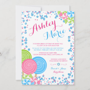 Blue Faux Glitter Candy Bat Mitzvah Invitations
