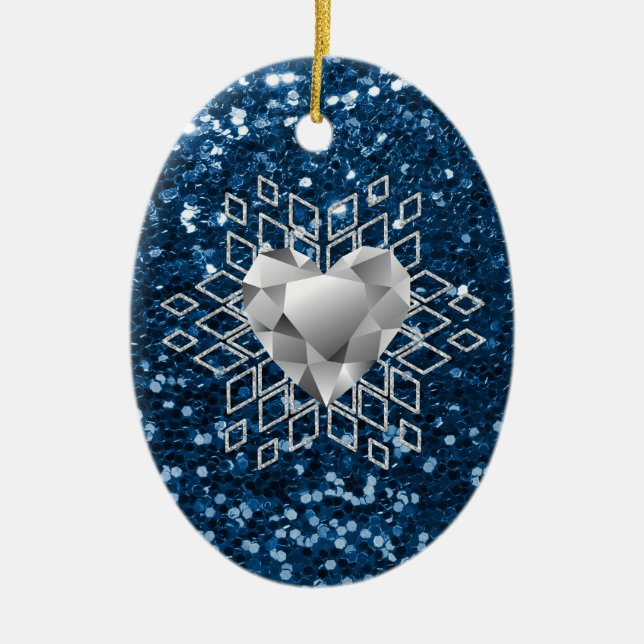 Blue Faux Glitter Diamond Heart Snowflake Ceramic Tree Decoration (Front)