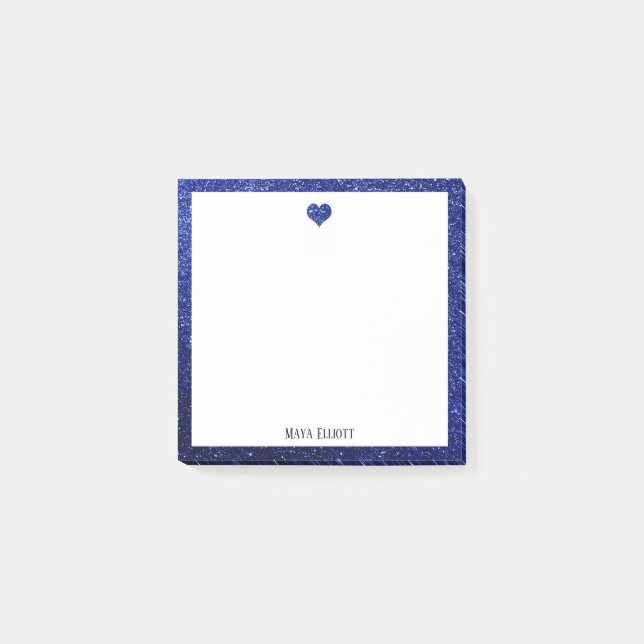 Blue Faux Glitter Heart & Border on White w/ Name Post-it Notes (Front)
