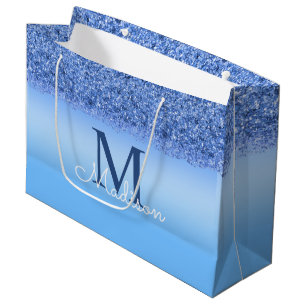 Blue Faux Glitter Monogram Elegant Large Gift Bag