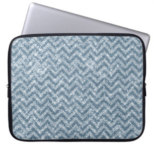 Blue Faux Glitter Sparkle Chevron Laptop Sleeve