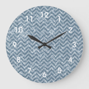 Blue Faux Glitter Sparkle Chevron Large Clock