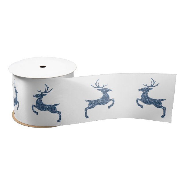 Blue Faux Glitter Texture Look Jumping Deer Satin Ribbon (Spool)