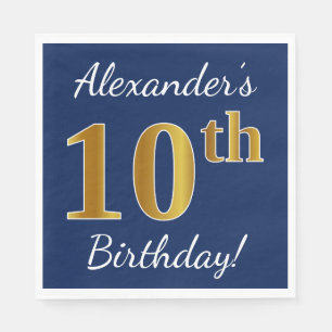 Blue, Faux Gold 10th Birthday + Custom Name Napkin