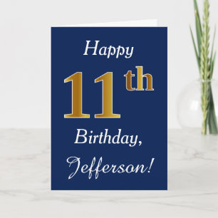 Blue, Faux Gold 11th Birthday + Custom Name Card