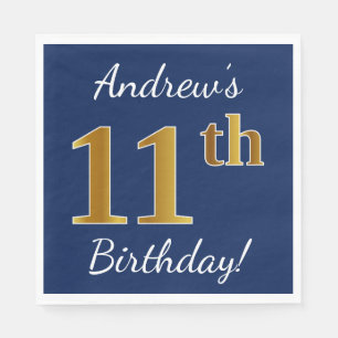 Blue, Faux Gold 11th Birthday + Custom Name Napkin