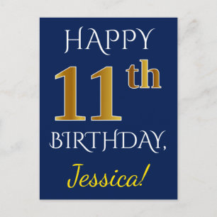 Blue, Faux Gold 11th Birthday + Custom Name Postcard