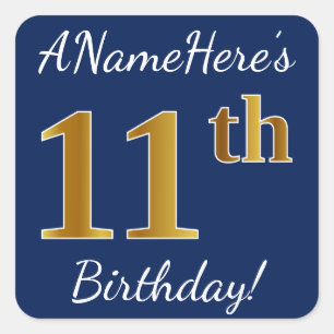 Blue, Faux Gold 11th Birthday + Custom Name Square Sticker