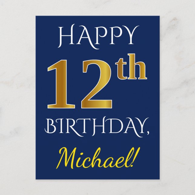 Blue, Faux Gold 12th Birthday + Custom Name Postcard (Front)
