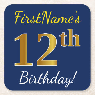 Blue, Faux Gold 12th Birthday + Custom Name Square Paper Coaster