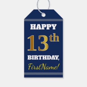 Blue, Faux Gold 13th Birthday + Custom Name Gift Tags