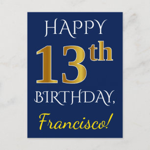 Blue, Faux Gold 13th Birthday + Custom Name Postcard