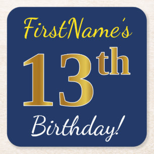Blue, Faux Gold 13th Birthday + Custom Name Square Paper Coaster