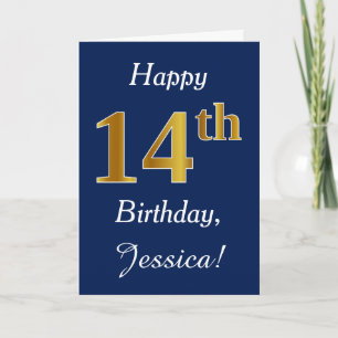 Blue, Faux Gold 14th Birthday + Custom Name Card