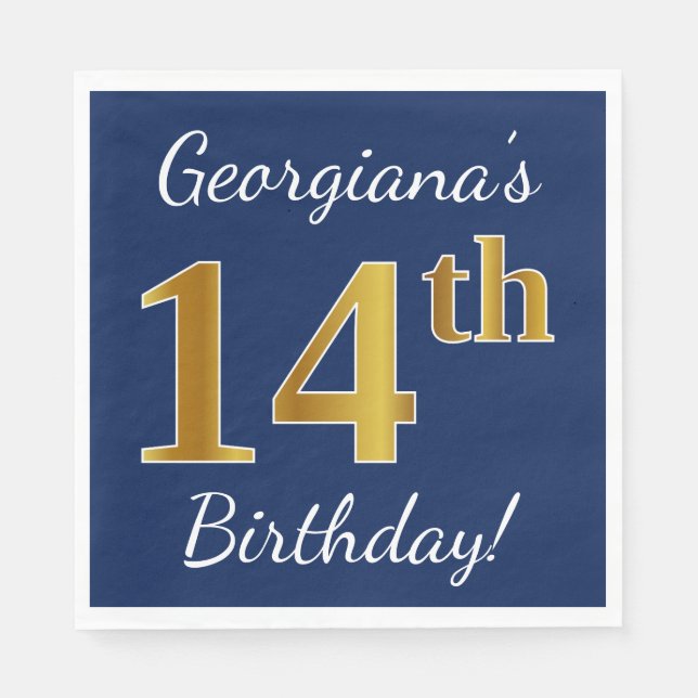 Blue, Faux Gold 14th Birthday + Custom Name Napkin (Front)
