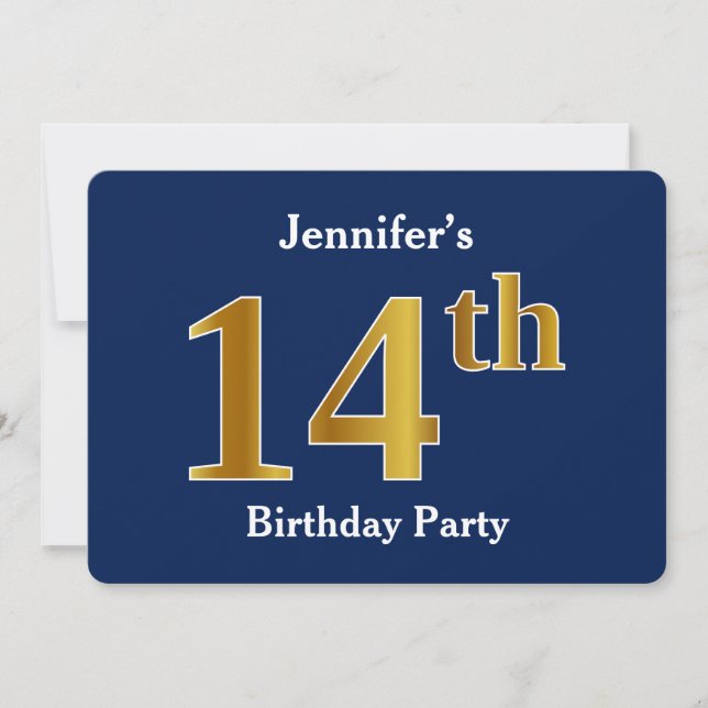 Blue, Faux Gold 14th Birthday Party + Custom Name Invitation (Front)