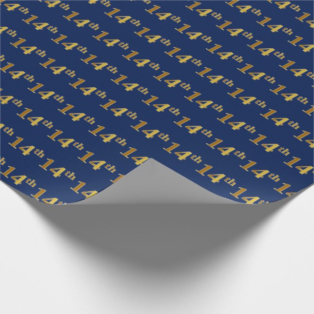 Blue, Faux Gold 14th (Fourteenth) Event Wrapping Paper (Corner)