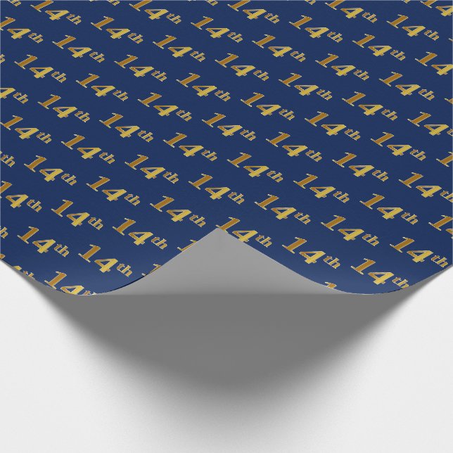 Blue, Faux Gold 14th (Fourteenth) Event Wrapping Paper (Corner)