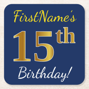 Blue, Faux Gold 15th Birthday + Custom Name Square Paper Coaster