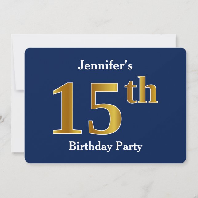 Blue, Faux Gold 15th Birthday Party + Custom Name Invitation (Front)