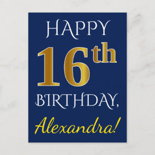 Blue, Faux Gold 16th Birthday + Custom Name Postcard
