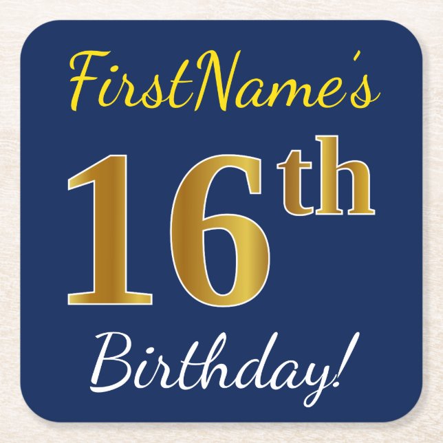 Blue, Faux Gold 16th Birthday + Custom Name Square Paper Coaster (Front)
