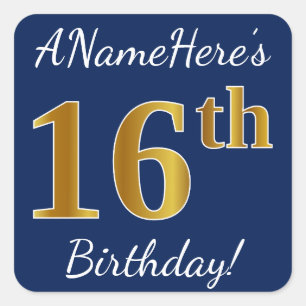 Blue, Faux Gold 16th Birthday + Custom Name Square Sticker