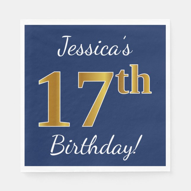 Blue, Faux Gold 17th Birthday + Custom Name Napkin (Front)