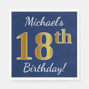 Blue, Faux Gold 18th Birthday + Custom Name Napkin