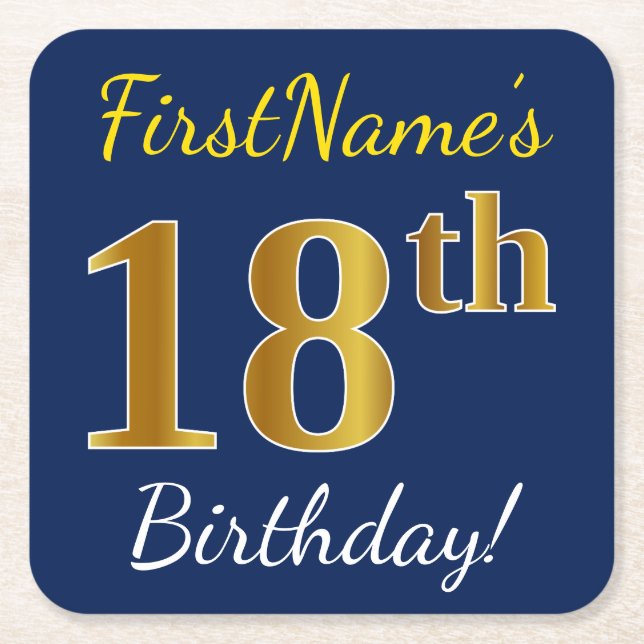 Blue, Faux Gold 18th Birthday + Custom Name Square Paper Coaster (Front)