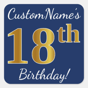 Blue, Faux Gold 18th Birthday + Custom Name Square Sticker