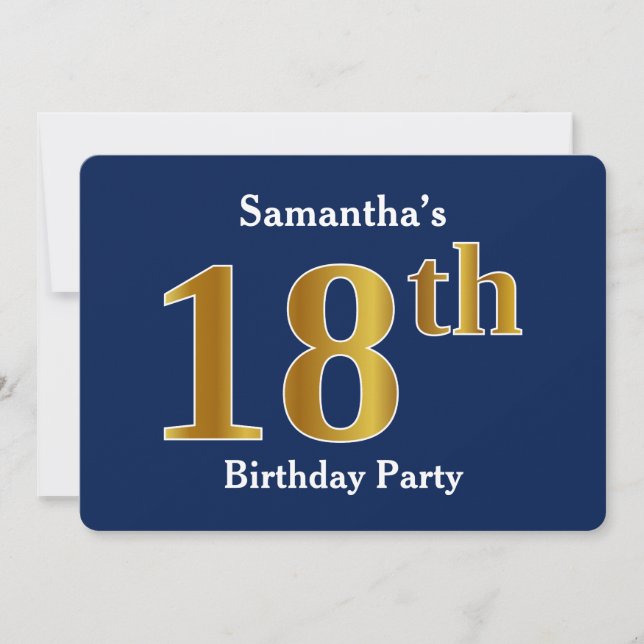 Blue, Faux Gold 18th Birthday Party + Custom Name Invitation (Front)