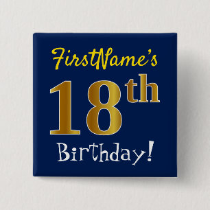 Blue, Faux Gold 18th Birthday, With Custom Name 15 Cm Square Badge