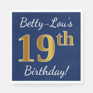 Blue, Faux Gold 19th Birthday + Custom Name Napkin